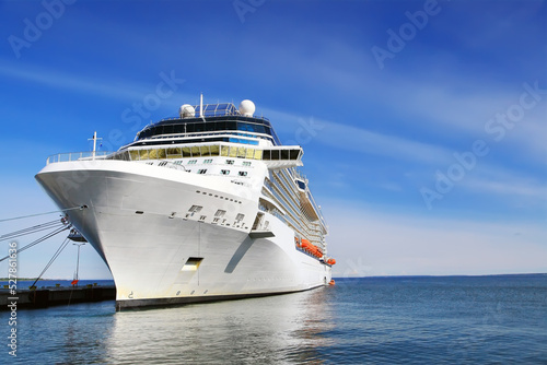 Luxury cruise ship in port on sunny day
