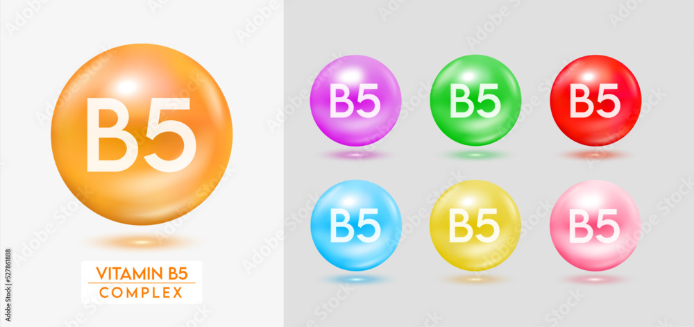 Vitamin B5 complex. Set of colorful balls multivitamins capsules minerals isolated on grey background. Dietary supplement for pharmacy advertisement, package design. Vector EPS10.