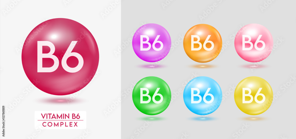 Vitamin B6 complex. Set of colorful balls multivitamins capsules minerals isolated on grey background. Dietary supplement for pharmacy advertisement, package design. Vector EPS10. Vitamin B6 complex. Set of colorful balls multivitamins capsules minerals isolated on grey background. Dietary supplement for pharmacy advertisement, package design. Vector EPS10.