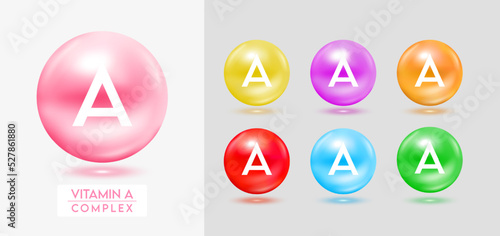 Vitamin A complex. Set of colorful balls multivitamins capsules minerals isolated on grey background. Dietary supplement for pharmacy advertisement, package design. Vector EPS10.