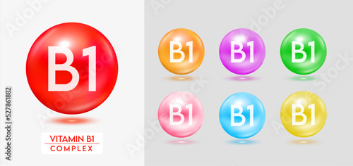 Vitamin B1 complex. Set of colorful balls multivitamins capsules minerals isolated on grey background. Dietary supplement for pharmacy advertisement, package design. Vector EPS10.