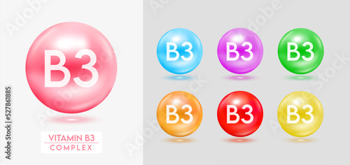Vitamin B3 complex. Set of colorful balls multivitamins capsules minerals isolated on grey background. Dietary supplement for pharmacy advertisement, package design. Vector EPS10.
