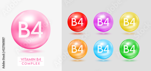Vitamin B4 complex. Set of colorful balls multivitamins capsules minerals isolated on grey background. Dietary supplement for pharmacy advertisement, package design. Vector EPS10.
