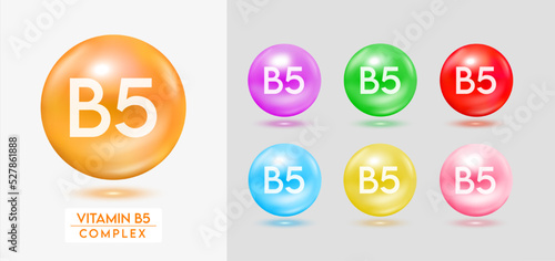 Vitamin B5 complex. Set of colorful balls multivitamins capsules minerals isolated on grey background. Dietary supplement for pharmacy advertisement, package design. Vector EPS10.