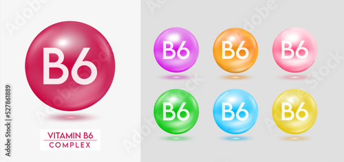 Vitamin B6 complex. Set of colorful balls multivitamins capsules minerals isolated on grey background. Dietary supplement for pharmacy advertisement, package design. Vector EPS10.