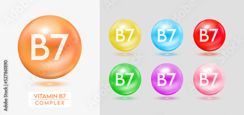Vitamin B7 complex. Set of colorful balls multivitamins capsules minerals isolated on grey background. Dietary supplement for pharmacy advertisement, package design. Vector EPS10.