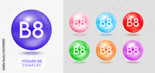 Vitamin B8 complex. Set of colorful balls multivitamins capsules minerals isolated on grey background. Dietary supplement for pharmacy advertisement, package design. Vector EPS10.