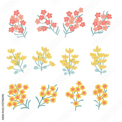 Abstact Flower on branches collection with leaves, floral twigs. Spring art set with botanical elements. Folk style. Elements for the spring holiday. Flat vector illustration isolated on white