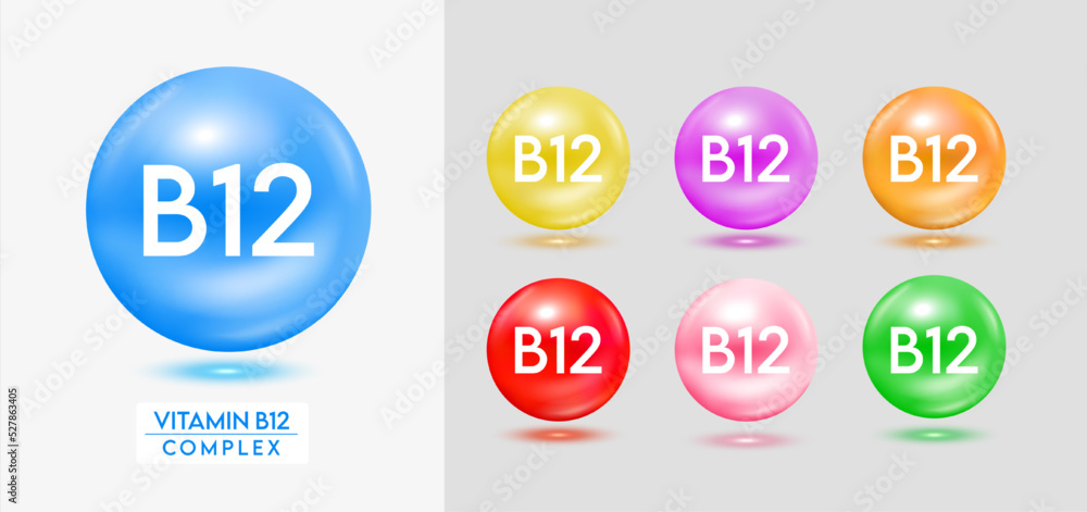 Vitamin B12 complex. Set of colorful balls multivitamins capsules minerals isolated on grey background. Dietary supplement for pharmacy advertisement, package design. Vector EPS10. Vitamin B12 complex. Set of colorful balls multivitamins capsules minerals isolated on grey background. Dietary supplement for pharmacy advertisement, package design. Vector EPS10.