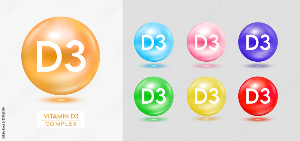 Vitamin D3 complex. Set of colorful balls multivitamins capsules minerals isolated on grey background. Dietary supplement for pharmacy advertisement, package design. Vector EPS10. Vitamin D3 complex. Set of colorful balls multivitamins capsules minerals isolated on grey background. Dietary supplement for pharmacy advertisement, package design. Vector EPS10.
