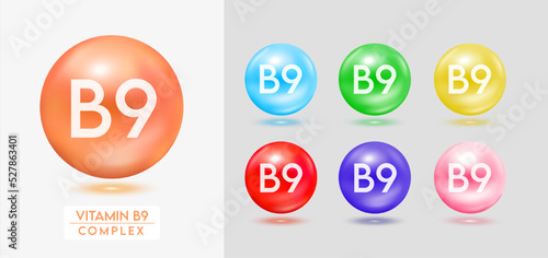 Vitamin B9 complex. Set of colorful balls multivitamins capsules minerals isolated on grey background. Dietary supplement for pharmacy advertisement, package design. Vector EPS10.