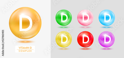 Vitamin D complex. Set of colorful balls multivitamins capsules minerals isolated on grey background. Dietary supplement for pharmacy advertisement, package design. Vector EPS10.