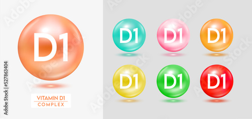 Vitamin D1 complex. Set of colorful balls multivitamins capsules minerals isolated on grey background. Dietary supplement for pharmacy advertisement, package design. Vector EPS10.