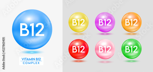 Vitamin B12 complex. Set of colorful balls multivitamins capsules minerals isolated on grey background. Dietary supplement for pharmacy advertisement, package design. Vector EPS10.