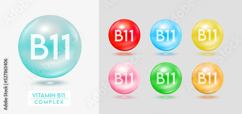 Vitamin B11 complex. Set of colorful balls multivitamins capsules minerals isolated on grey background. Dietary supplement for pharmacy advertisement, package design. Vector EPS10.