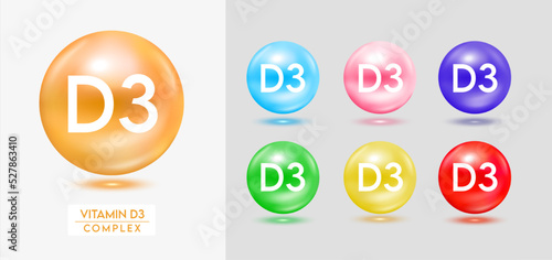 Vitamin D3 complex. Set of colorful balls multivitamins capsules minerals isolated on grey background. Dietary supplement for pharmacy advertisement, package design. Vector EPS10.