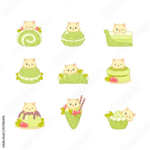 Set of cute cats and oriental matcha green tea desserts. Flat cartoon illustration of of a little kittens sitting on sweet desserts isolated on a white background. Vector 10 EPS.