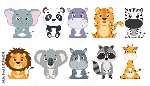 Big vector set of cute cartoon animal characters.Elephant,panda,hippo,tiger,zebra,lion,koala,rhinoceros,raccoon,giraffe on white background.Elements for design and print