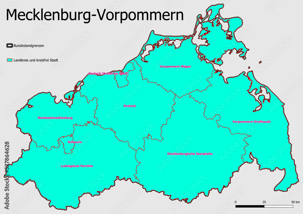 Fototapeta premium Karte Administrative Gliederung Bundesland Mecklenburg-Vorpommern Landkreise und kreisfreie Städte