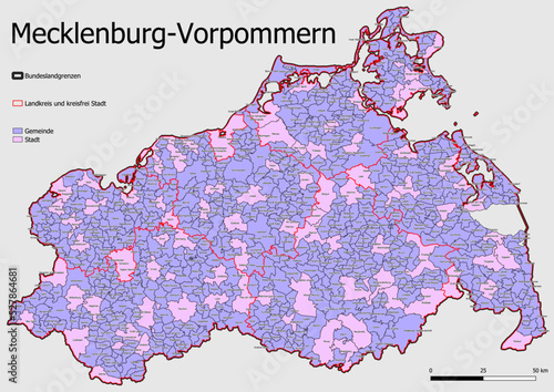 Karte Administrative Gliederung Bundesland Mecklenburg  Vorpommern Gemeinde, Gebiet Stadt