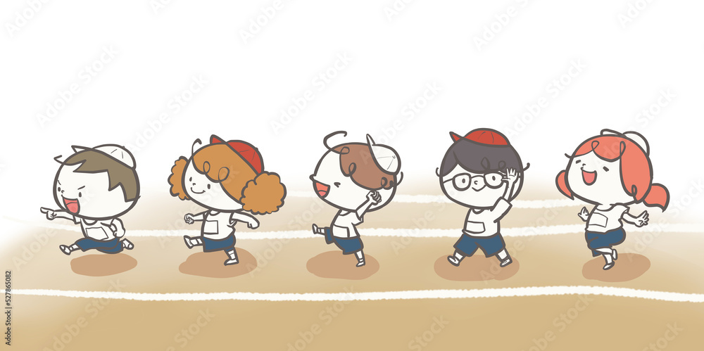 運動場で 並んで行進する赤白帽をかぶったこどもたち 運動場で 並んで行進する赤白帽をかぶったこどもたち