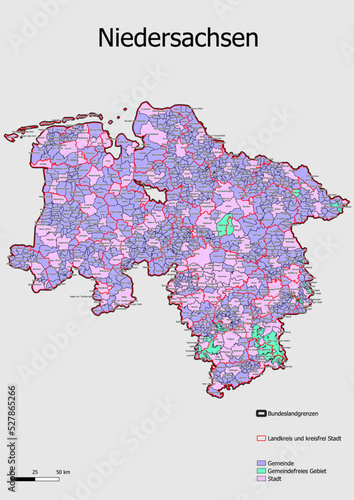 Karte Administrative Gliederung Bundesland Niedersachsen Gemeinde, Gemeindefreies Gebiet Stadt