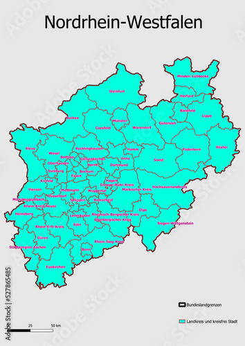 Karte Administrative Gliederung Bundesland Nordrhein-Westfalen Landkreise und kreisfreie Städte 