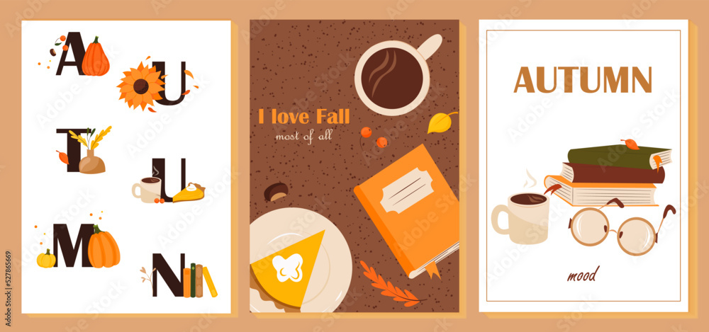 A set of autumn illustrations with fall elements, leaves and lettering. Vector design for card, poster, flyer, web and other use.
