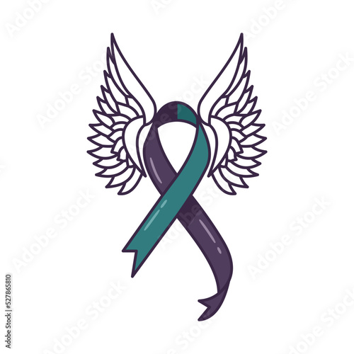 Teal purple ribbon for suicide prevention awareness with wings. Flat style illustration. Isolated.