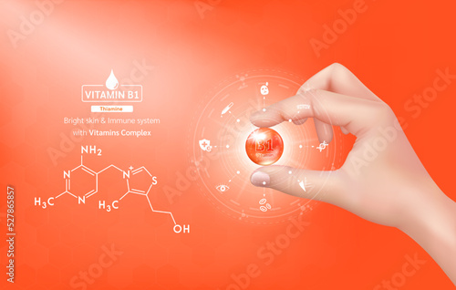 Hand woman holding vitamin B1 complex orange and structure. Capsule minerals and Supplement with icon. Beauty treatment nutrition skin care design. Medical scientific concept. 3D Realistic Vector.
