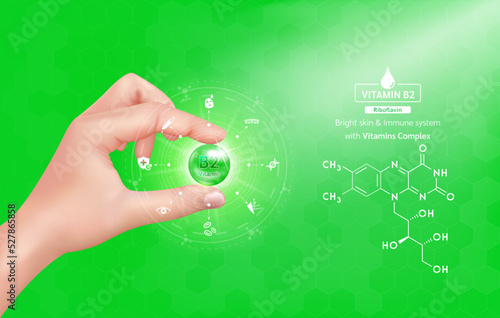 Hand woman holding vitamin B2 complex orange and structure. Capsule minerals and Supplement with icon. Beauty treatment nutrition skin care design. Medical scientific concept. 3D Realistic Vector.