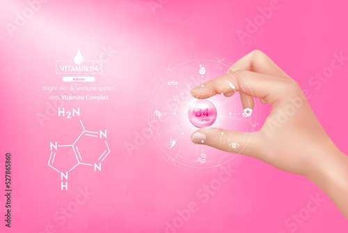 Hand woman holding vitamin B4 complex orange and structure. Capsule minerals and Supplement with icon. Beauty treatment nutrition skin care design. Medical scientific concept. 3D Realistic Vector.