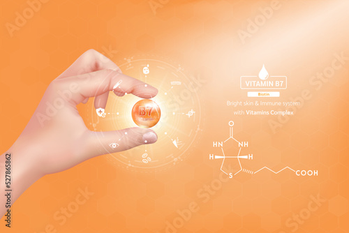 Hand woman holding vitamin B7 complex orange and structure. Capsule minerals and Supplement with icon. Beauty treatment nutrition skin care design. Medical scientific concept. 3D Realistic Vector.