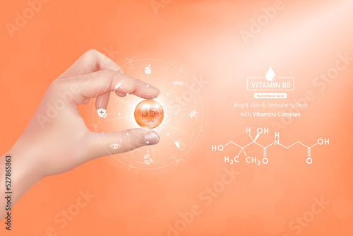 Hand woman holding vitamin B5 complex orange and structure. Capsule minerals and Supplement with icon. Beauty treatment nutrition skin care design. Medical scientific concept. 3D Realistic Vector.