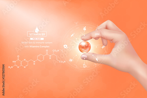 Hand woman holding vitamin B9 complex orange and structure. Capsule minerals and Supplement with icon. Beauty treatment nutrition skin care design. Medical scientific concept. 3D Realistic Vector.