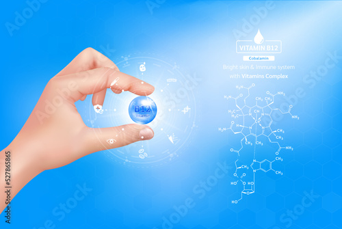 Hand woman holding vitamin B12 complex blue and structure. Capsule minerals and Supplement with icon. Beauty treatment nutrition skin care design. Medical scientific concept. 3D Realistic Vector.