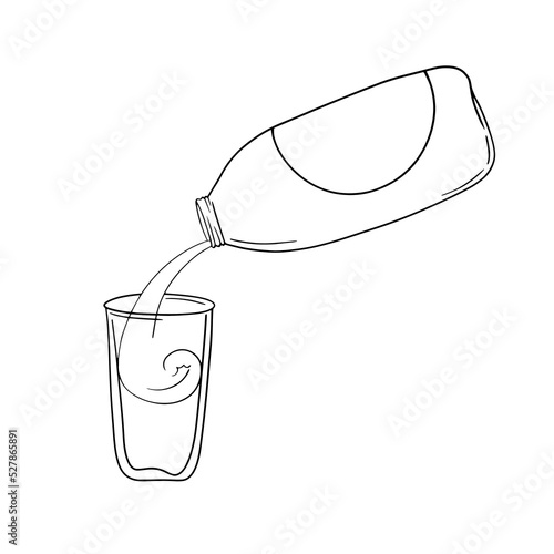 Plastic bottle with a drink, pour milk into a glass vessel, copy space, vector monochrome cartoon