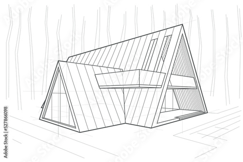 Linear architectural sketch residental building - triangle forest cottage on white background