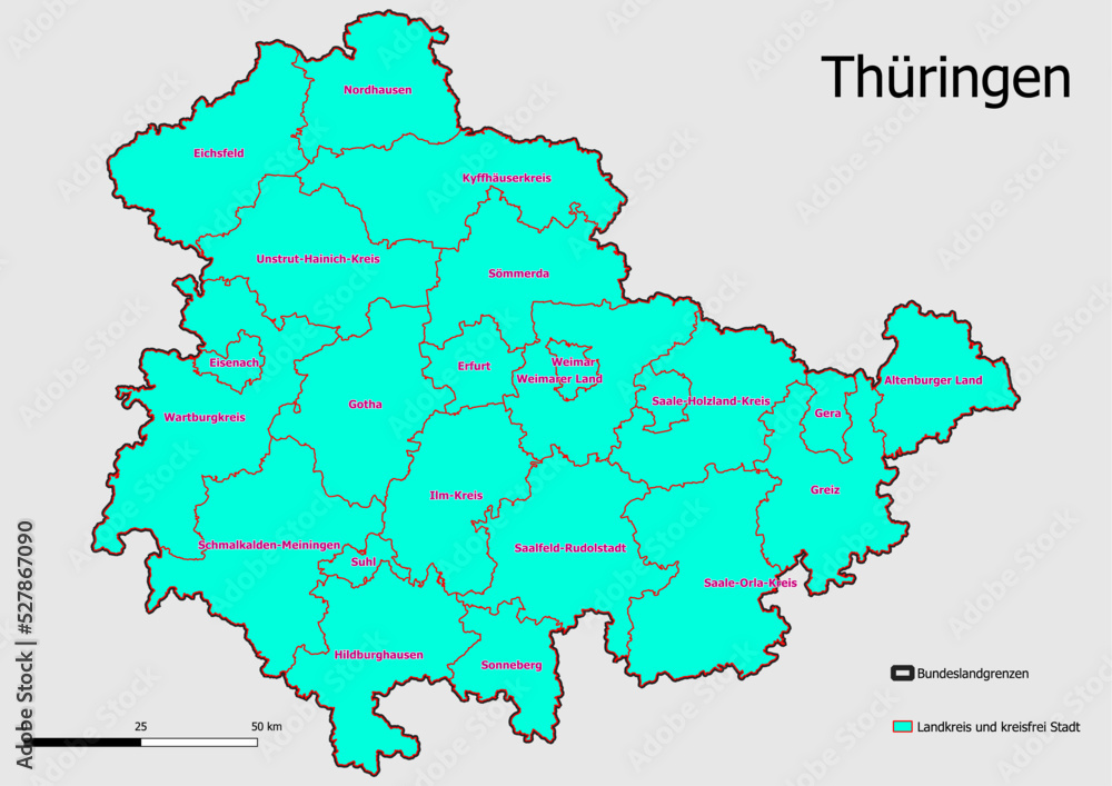 Karte Administrative Gliederung Bundesland Thüringen Landkreise und kreisfreie Städte.