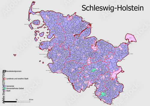 Karte Administrative Gliederung Bundesland Schleswig-Holstein Gemeinde, Gemeindefreie Gebiete, Städte.