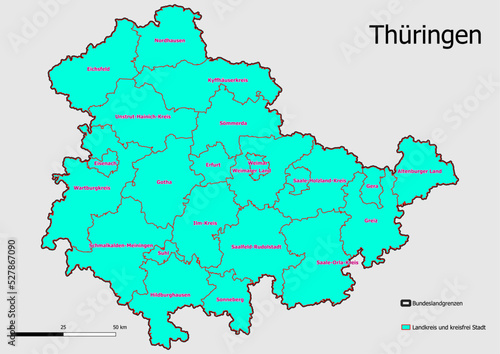 Karte Administrative Gliederung Bundesland Thüringen Landkreise und kreisfreie Städte.