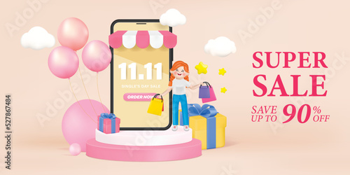 Vector of 11.11 Shopping day Poster or banner with gift box and spotlight background. 11 november sales banner template design for social media and website.