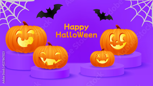 Happy Halloween purple banner, template or party invitation background with jack o lantern face cute pumpkins, spiderweb, gossamer and bats on podium scene. 3d vector illustration realistic pumpkin. 
