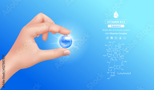 Doctor hand holding vitamin B12 complex capsule blue and structure. Minerals supplement with chemical formula. Medical concept. 3D Realistic vector.