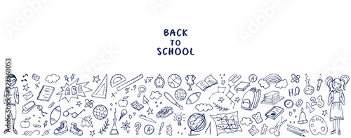 Banner Back to school doodles set on white. Vector illustration. Perfect for textile fabric design, wrapping paper and website wallpapers.