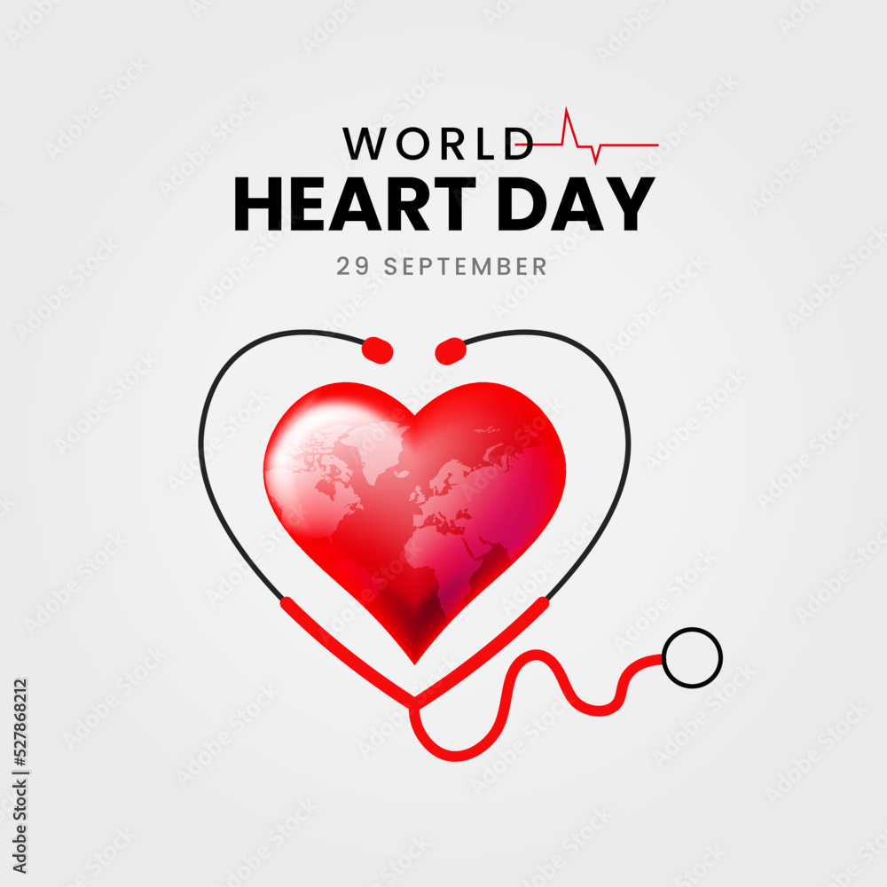 World heart day with stethoscope around beautiful heart social media banner