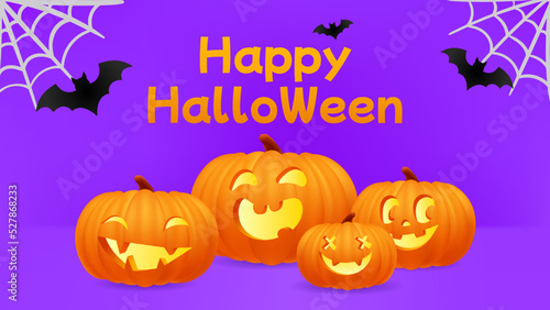 Happy Halloween purple banner, template or party invitation background with jack o lantern face cute pumpkins, spiderweb, gossamer and bats on table scene. 3d vector illustration realistic pumpkin. 