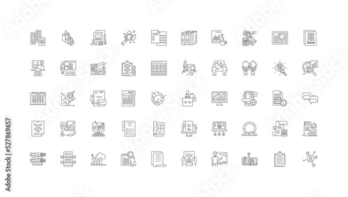 Reports concept illustration, linear icons, line signs set, vector collection