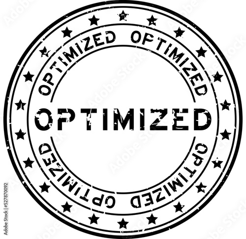 Grunge black optimized word with star icon round rubber seal stamp on white background