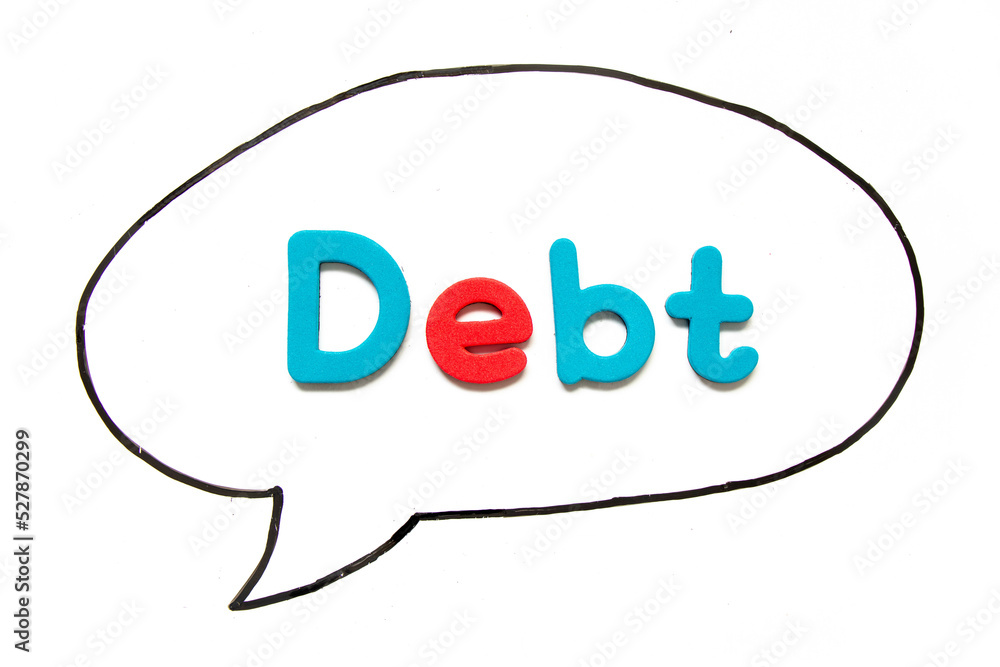 Alphabet letter with word debt in black line hand drawing as bubble ...